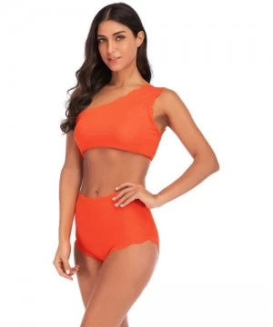 Sets Women's High Waisted Scalloped Flounced Trim One Shoulder Swimsuit Two Pieces Bikini Bathing Suit - Orange - CA18R3QTYT4