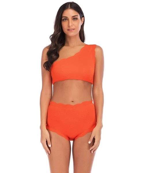 Sets Women's High Waisted Scalloped Flounced Trim One Shoulder Swimsuit Two Pieces Bikini Bathing Suit - Orange - CA18R3QTYT4