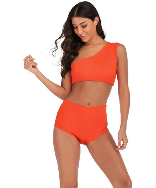 Sets Women's High Waisted Scalloped Flounced Trim One Shoulder Swimsuit Two Pieces Bikini Bathing Suit - Orange - CA18R3QTYT4