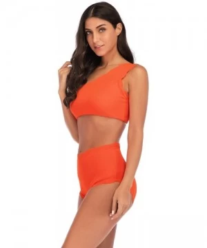 Sets Women's High Waisted Scalloped Flounced Trim One Shoulder Swimsuit Two Pieces Bikini Bathing Suit - Orange - CA18R3QTYT4