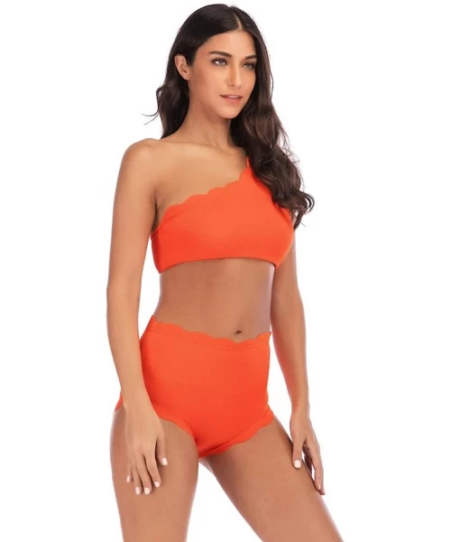 Sets Women's High Waisted Scalloped Flounced Trim One Shoulder Swimsuit Two Pieces Bikini Bathing Suit - Orange - CA18R3QTYT4