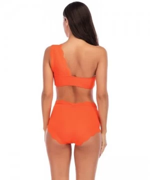 Sets Women's High Waisted Scalloped Flounced Trim One Shoulder Swimsuit Two Pieces Bikini Bathing Suit - Orange - CA18R3QTYT4