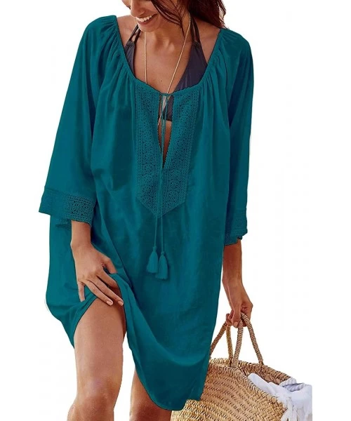 Cover-Ups Womens Loose Swimwear Cover UPS Bikini Swim Beach Wear Cover up Dress - F-peacock Blue - CI18UGMCUM5