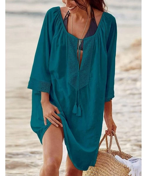 Cover-Ups Womens Loose Swimwear Cover UPS Bikini Swim Beach Wear Cover up Dress - F-peacock Blue - CI18UGMCUM5