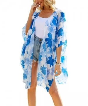 Cover-Ups Women's Chiffon Floral Kimono Cardigan Summer Sheer Swimwear Beach Cover Up - A63 - C818AKGXYQN