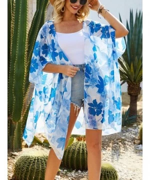 Cover-Ups Women's Chiffon Floral Kimono Cardigan Summer Sheer Swimwear Beach Cover Up - A63 - C818AKGXYQN