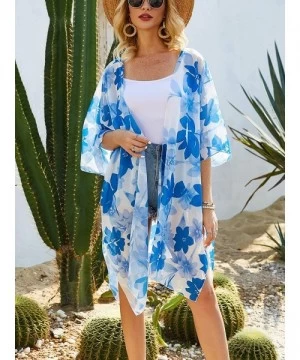 Cover-Ups Women's Chiffon Floral Kimono Cardigan Summer Sheer Swimwear Beach Cover Up - A63 - C818AKGXYQN