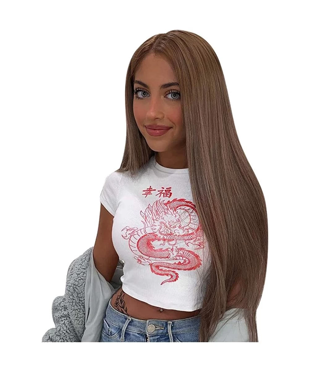 Rash Guards Chinese Character Dragon Print T Shirt Tops for Women Casual Tank Tee Streetwear Blouse - A_white - C3194AR4ISZ