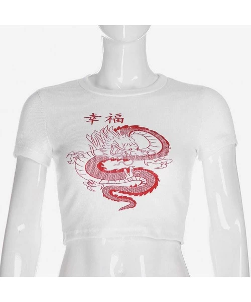 Rash Guards Chinese Character Dragon Print T Shirt Tops for Women Casual Tank Tee Streetwear Blouse - A_white - C3194AR4ISZ