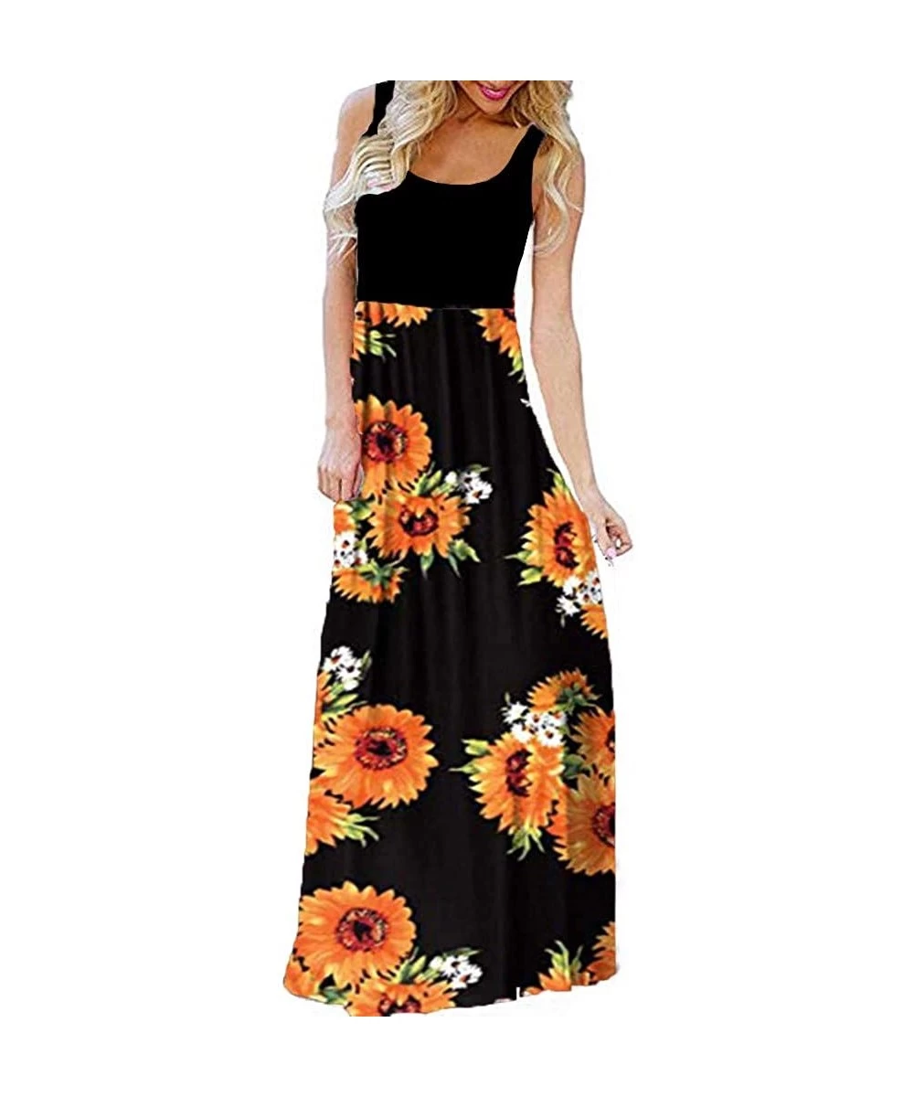 Cover-Ups Summer Maxi Dresses for Women Women's Casual Bohemian Sleeveless Sunflower Print Party Tank Long Maxi Dress Black -...