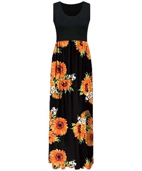 Cover-Ups Summer Maxi Dresses for Women Women's Casual Bohemian Sleeveless Sunflower Print Party Tank Long Maxi Dress Black -...