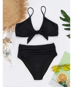 Sets Womens High Waisted Bikini Set Tie Knot High Rise Two Piece Swimsuits Bathing Suits New Black Tie Top Ruched Bottom - C5...