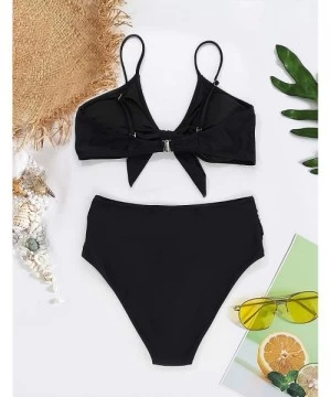 Sets Womens High Waisted Bikini Set Tie Knot High Rise Two Piece Swimsuits Bathing Suits New Black Tie Top Ruched Bottom - C5...