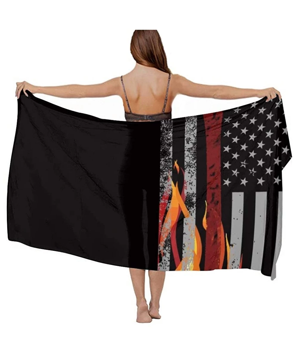 Cover-Ups Women Fashion Shawl Wrap Summer Vacation Beach Towels Swimsuit Cover Up - American Firefighter Red Ax Thin Flag - C...