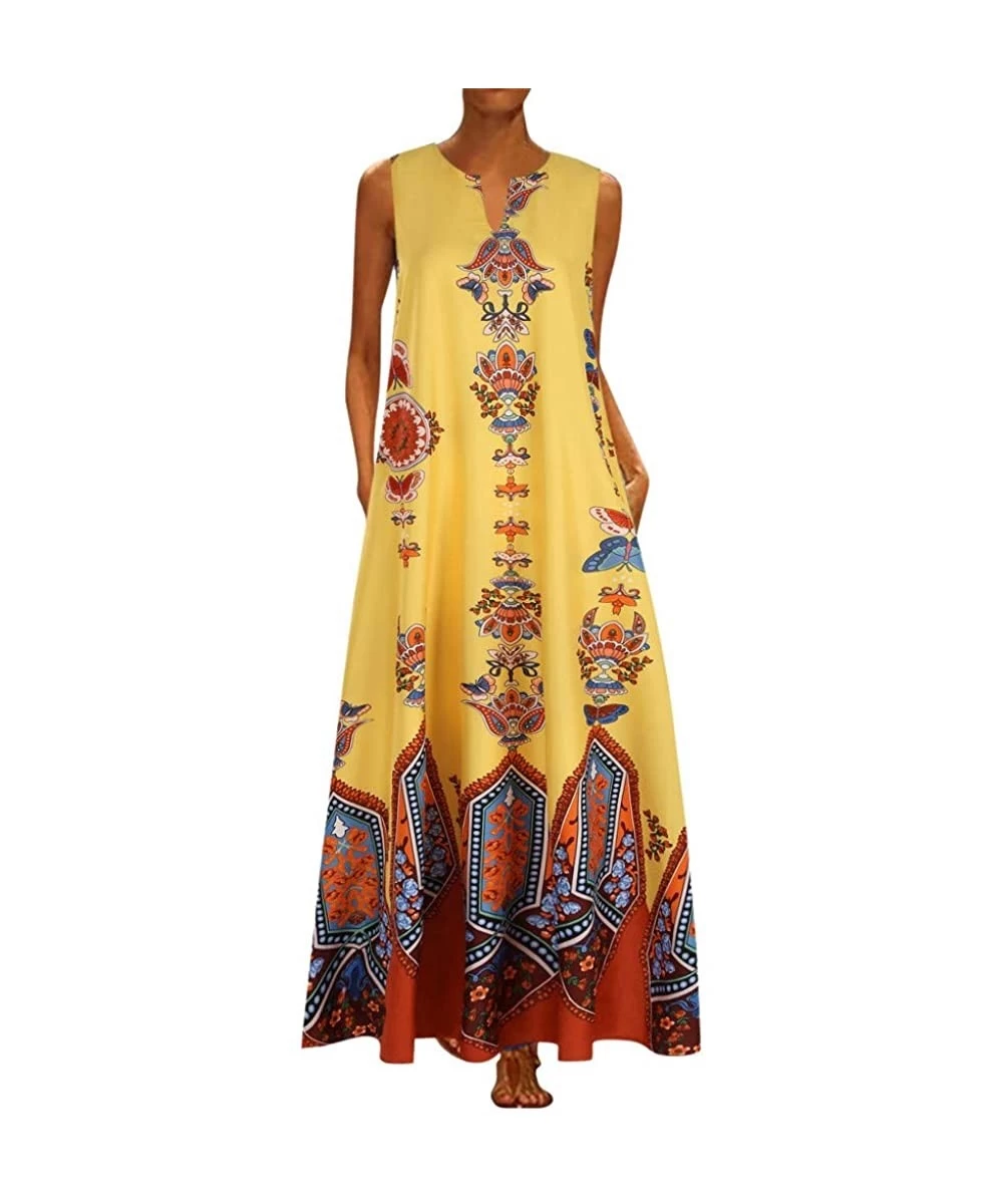 Cover-Ups Women's Sleeveless Long Maxi Dress Boho V Neck Vintage Floral Printed Summer Casual Loose Party Tank Dresses Z1 yel...