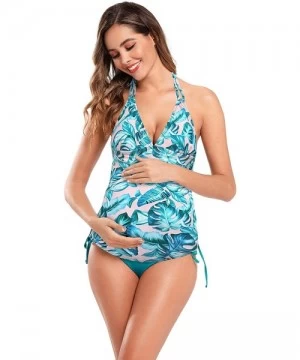 Tankinis Women's Maternity Halter Swimsuits Tummy Control Swimwear Floral Printed Two Piece Bathing Suits - Deep Green - CK19...