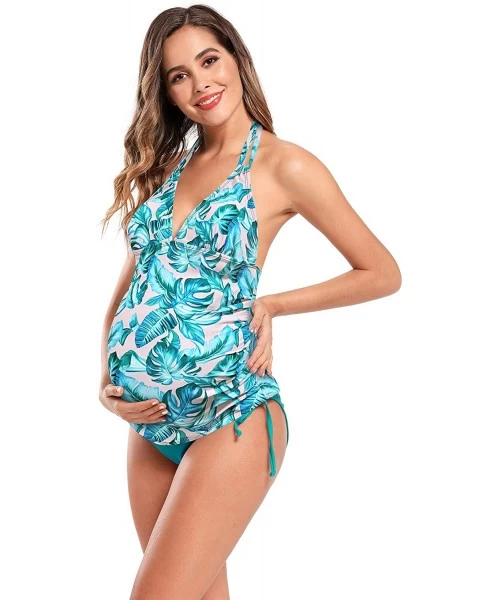 Tankinis Women's Maternity Halter Swimsuits Tummy Control Swimwear Floral Printed Two Piece Bathing Suits - Deep Green - CK19...