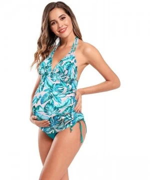 Tankinis Women's Maternity Halter Swimsuits Tummy Control Swimwear Floral Printed Two Piece Bathing Suits - Deep Green - CK19...