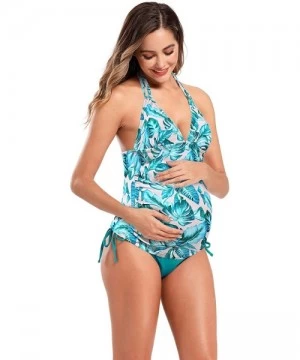 Tankinis Women's Maternity Halter Swimsuits Tummy Control Swimwear Floral Printed Two Piece Bathing Suits - Deep Green - CK19...