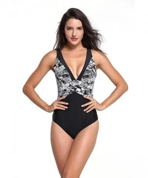 One-Pieces Women's One-Piece Floral Stitching Swimsuit V-Neck Slim Fit Sexy Bikini with Chest Pad - Black - CS197IN59SE