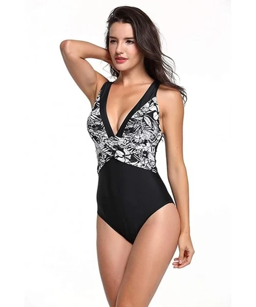 One-Pieces Women's One-Piece Floral Stitching Swimsuit V-Neck Slim Fit Sexy Bikini with Chest Pad - Black - CS197IN59SE