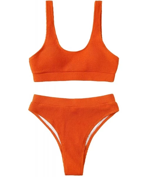 Sets Women's High Waisted Solid Bikini Sets Two Piece Crop Top Swimsuits - Orange - C3199ULRRMD