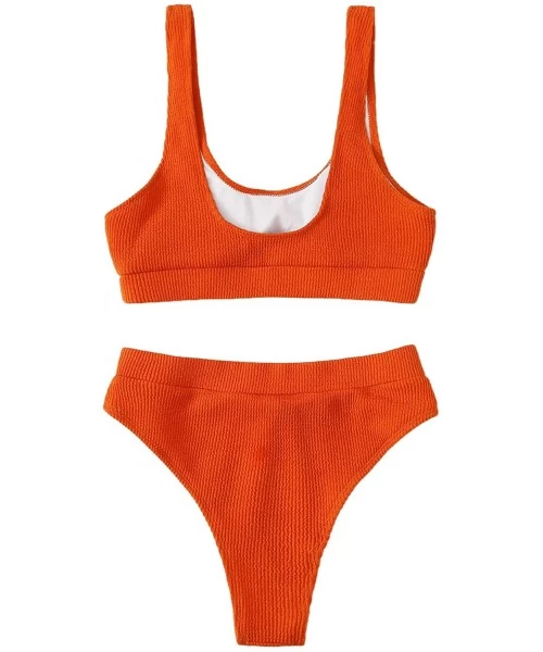 Sets Women's High Waisted Solid Bikini Sets Two Piece Crop Top Swimsuits - Orange - C3199ULRRMD