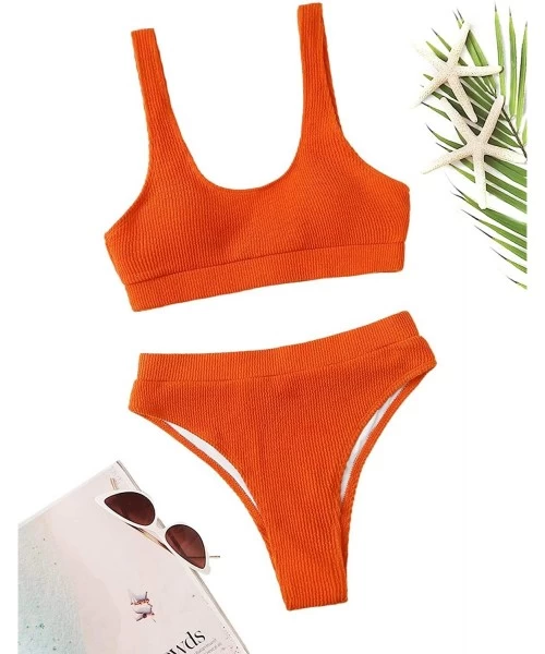 Sets Women's High Waisted Solid Bikini Sets Two Piece Crop Top Swimsuits - Orange - C3199ULRRMD