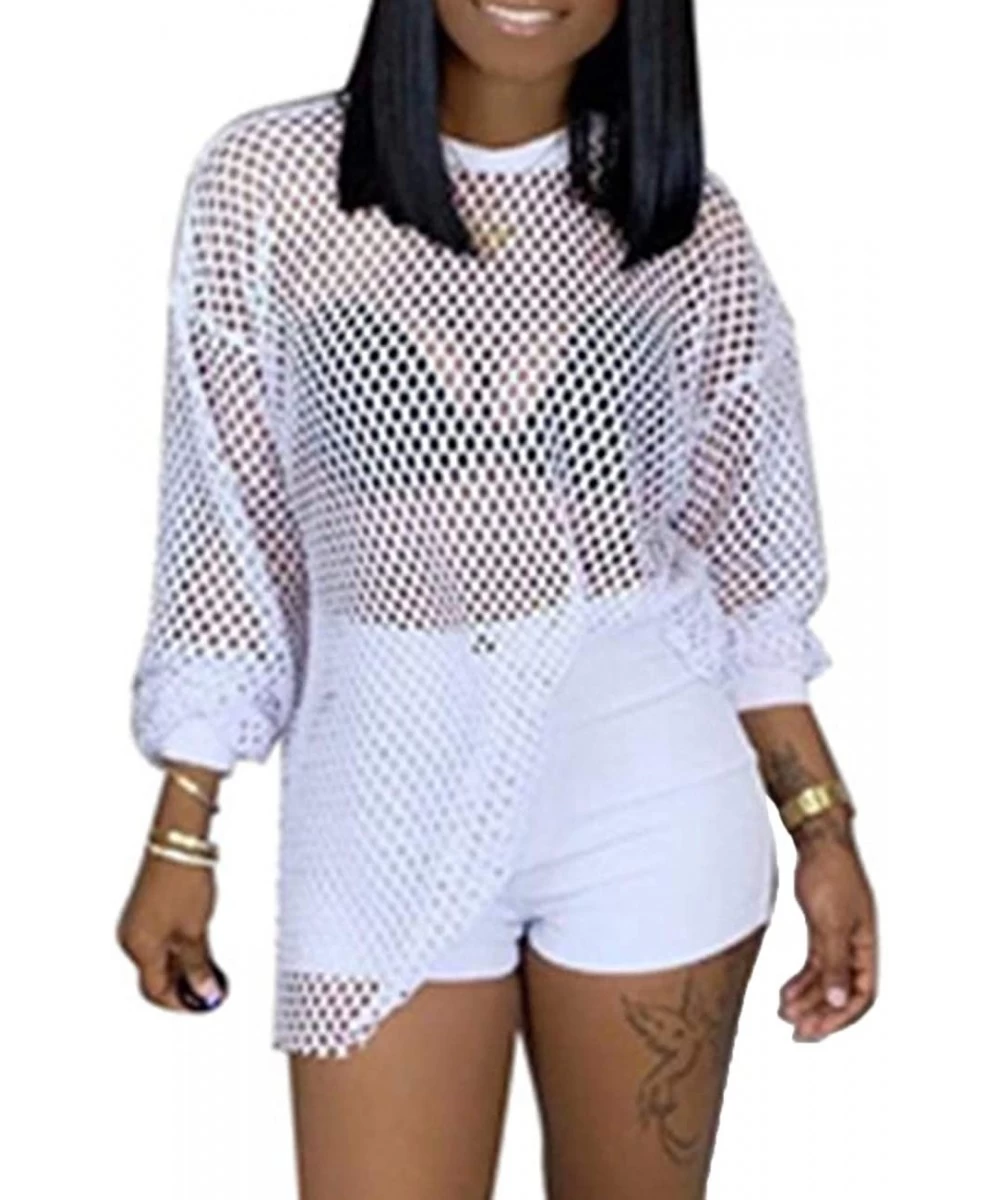 Cover-Ups Women's Sexy Streetwear Long Sleeve Cut Out Clubwear Tshirts Hollow Out Mesh See Through Blouse Beach Cover Ups Whi...