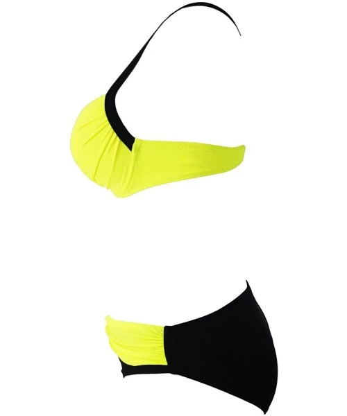 Sets 2 PC Colorblock Underwire Padded Bikini Top and Ruched Bikini Bottom Swimsuit Set - Yellow Black - CJ188RQ52L5