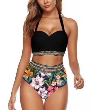 Sets Women Vintage High Waisted Bikini Set Push Up Halter Swimsuit Two Piece 50s Bathing Suit - 01-multicolor - C31936LNE6U