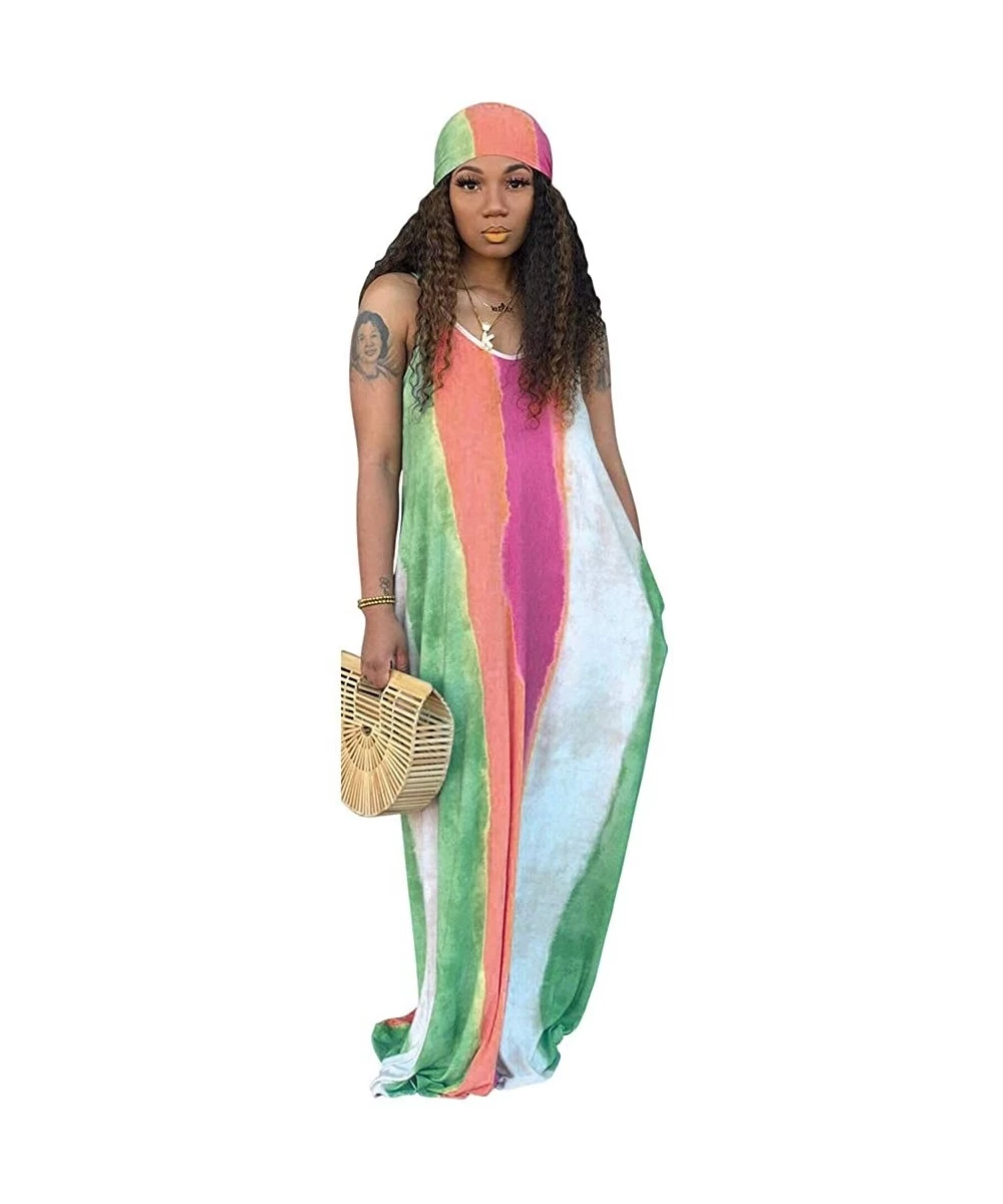 Cover-Ups Women's Tie Dye Loose Stripes Sundress Baggy Sexy Spaghetti Straps Boho Maxi Dress with Pockets Belt - B-green - CQ...