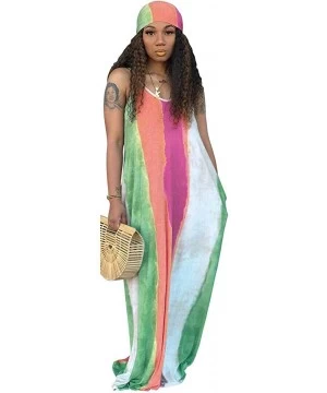 Cover-Ups Women's Tie Dye Loose Stripes Sundress Baggy Sexy Spaghetti Straps Boho Maxi Dress with Pockets Belt - B-green - CQ...