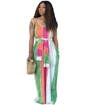 Cover-Ups Women's Tie Dye Loose Stripes Sundress Baggy Sexy Spaghetti Straps Boho Maxi Dress with Pockets Belt - B-green - CQ...