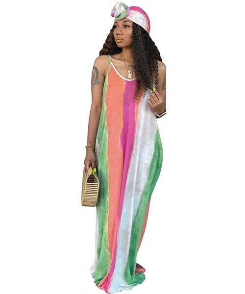 Cover-Ups Women's Tie Dye Loose Stripes Sundress Baggy Sexy Spaghetti Straps Boho Maxi Dress with Pockets Belt - B-green - CQ...