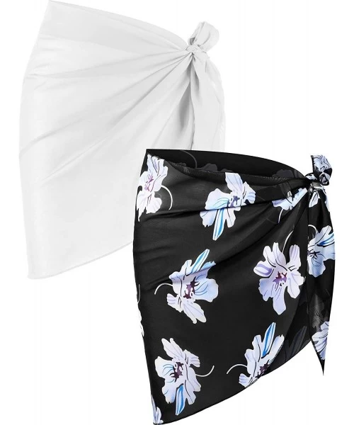 Cover-Ups 2 Pieces Women Beach Wrap Sarong Cover Up Chiffon Swimsuit Wrap Skirts - White and Big Flower - CH19DEZKZE9