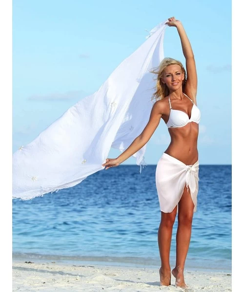 Cover-Ups 2 Pieces Women Beach Wrap Sarong Cover Up Chiffon Swimsuit Wrap Skirts - White and Big Flower - CH19DEZKZE9