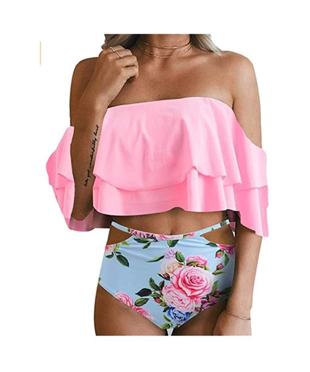 Sets Women's Bikini Ruffle Off Shoulder Top & Floral Shorts Swimsuit Bathing Suit 2pc Sets - K-pink - CS18R33ZGWC