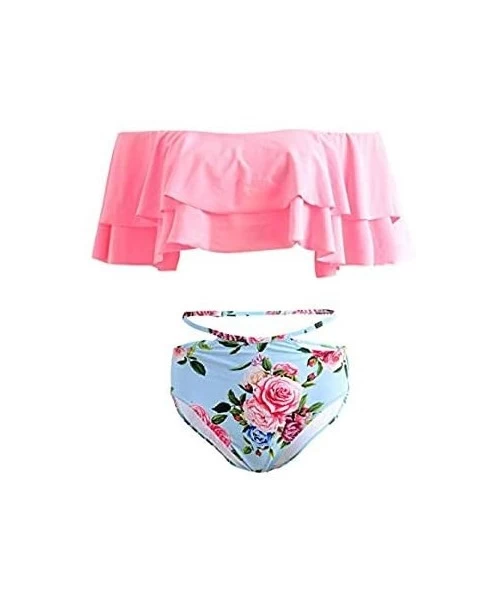 Sets Women's Bikini Ruffle Off Shoulder Top & Floral Shorts Swimsuit Bathing Suit 2pc Sets - K-pink - CS18R33ZGWC