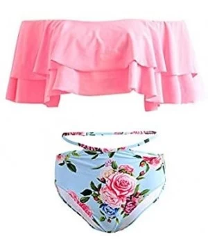 Sets Women's Bikini Ruffle Off Shoulder Top & Floral Shorts Swimsuit Bathing Suit 2pc Sets - K-pink - CS18R33ZGWC