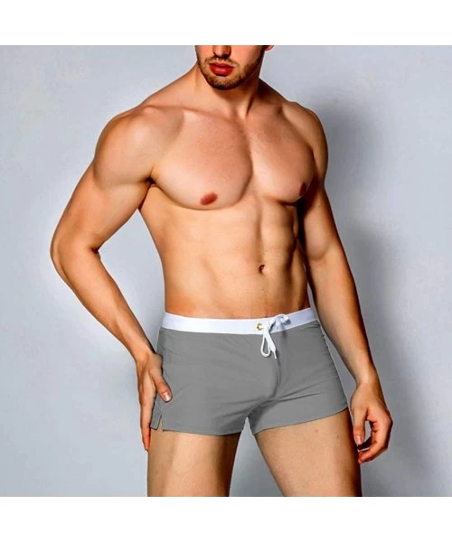 Briefs Men Swim Brief Sexy Surfing Board Shorts Beach Boxer Swimming Trunks with Pockets(Order One Size UP) - Light Gray - C0...