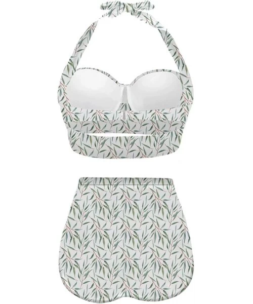 Sets Women's Halter Summer Bright Floral Print Funny Swimsuits High Waisted Bikini Set - White+green - CN196D265OR