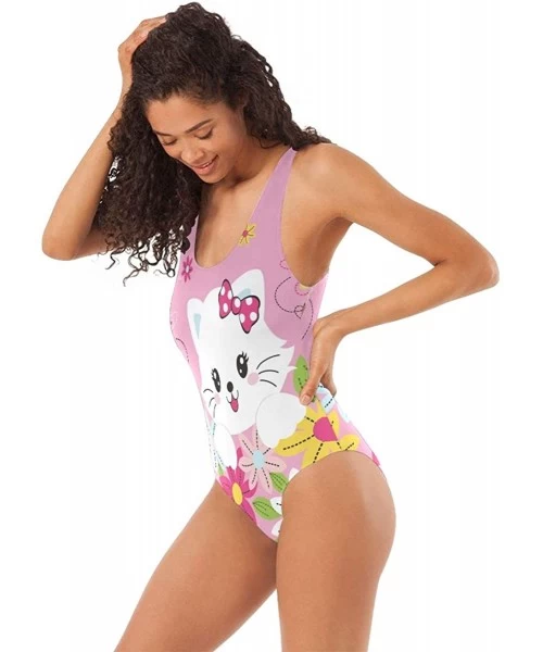 One-Pieces Women's Adjustable Strap One Piece Butterfly Swan Phoenix Fairy Monokini Swimsuit - Cute Cats With Beautiful Flowe...