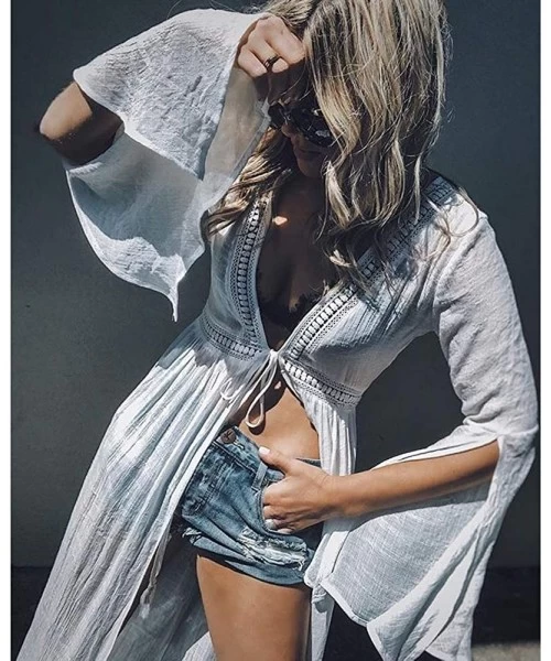 Cover-Ups Women Bathing Suit Cover up Long Cardigan Loose Swimwear Bikini Swimsuit Beach Dress - D White - C518U83GL4E