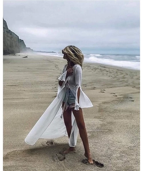 Cover-Ups Women Bathing Suit Cover up Long Cardigan Loose Swimwear Bikini Swimsuit Beach Dress - D White - C518U83GL4E