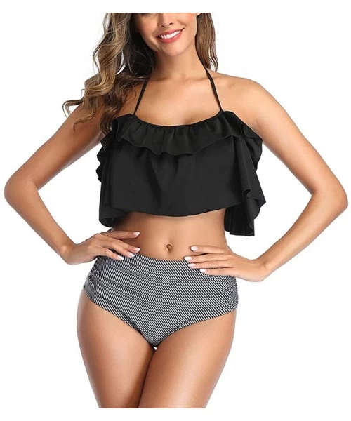 Racing Bikini Women Two Pieces Bathing Suit Top Ruffled with High Waisted Bottom Bikini Set - Gray - C7195NHNR25