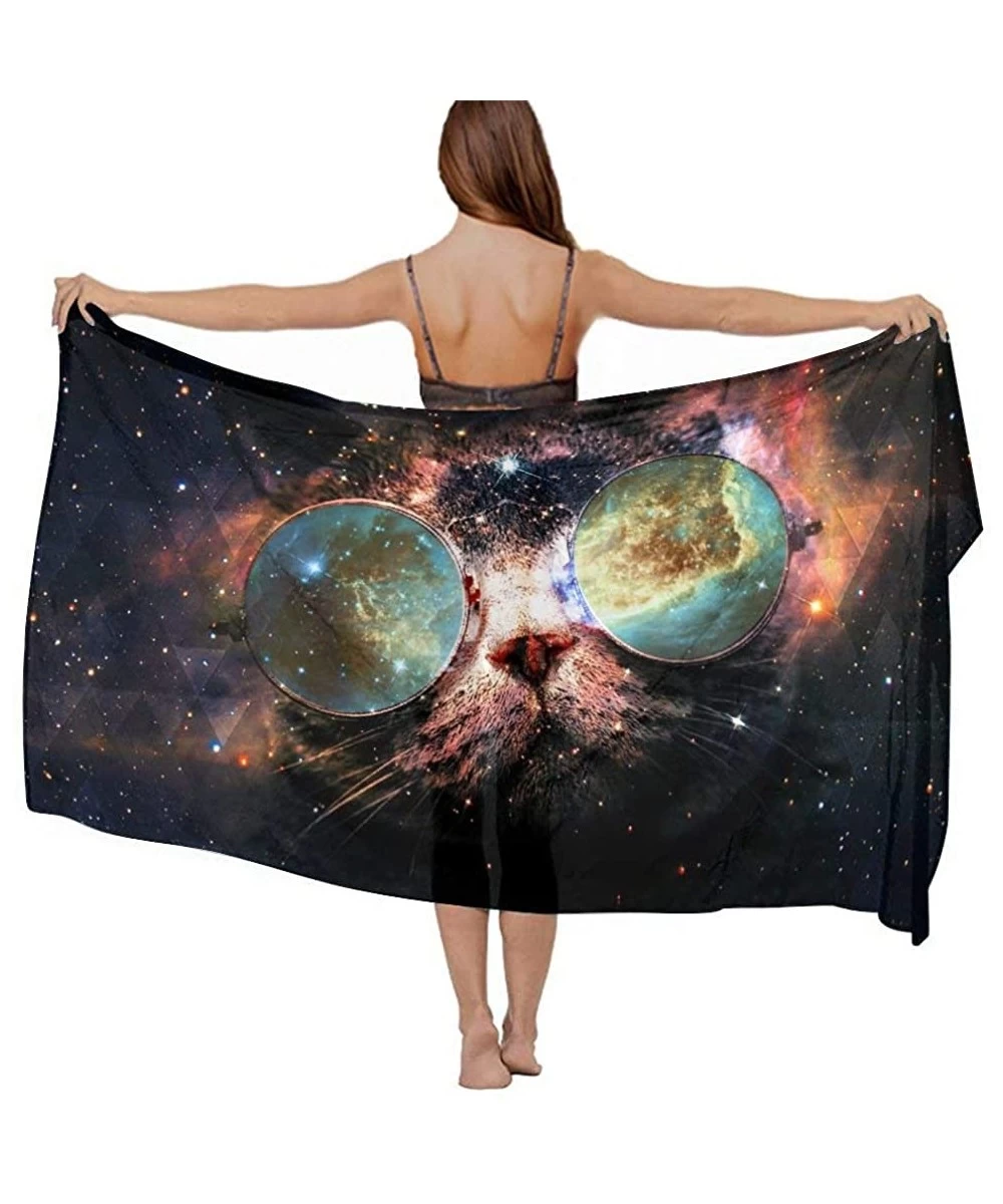 Cover-Ups Women Chiffon Scarf Sunscreen Shawl Wrap Swimsuit Cover Up Beach Sarongs - Cat Face in the Galaxy - CE19C6NIRXC