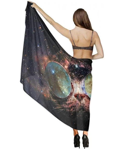 Cover-Ups Women Chiffon Scarf Sunscreen Shawl Wrap Swimsuit Cover Up Beach Sarongs - Cat Face in the Galaxy - CE19C6NIRXC