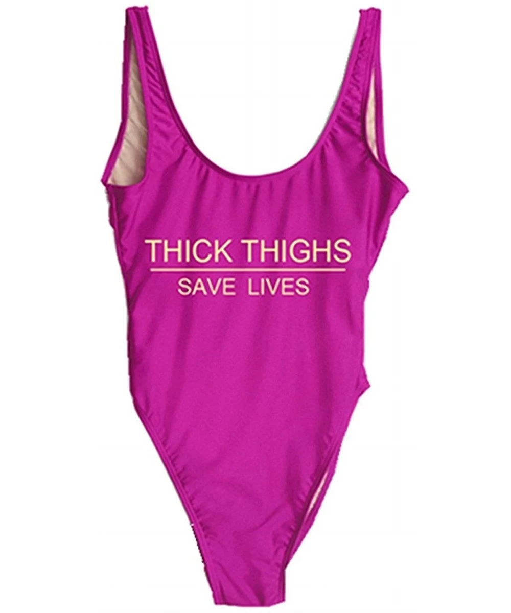 One-Pieces Women Thick Thighs Saves Lives Letter Print One Piece Swimsuit Bathing Suit Swimwear - Purple - CB18G8ND90R