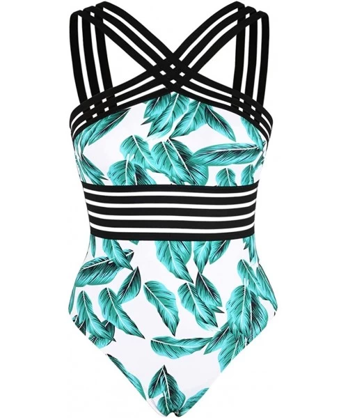 One-Pieces Women's One Piece Swimwear Front Crossover Swimsuits Hollow Bathing Suits Monokinis - Green&white Leaves 2 - CH199...